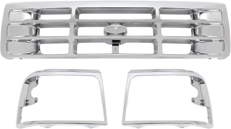 ALMULOO Grille & Headlight Bezel Silvery Compatible with 1992-1996 Ford Bronco F150 F250 1997 F350 & 1997 F250HD F350 Front Grill Lamp Cover Plastic(ABS) Replacement for FO1200173 FO2512130 FO2513131 - Image 1